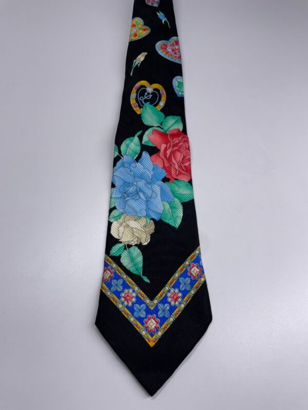 Leonard Paris Tie Mens Black Silk Floral Hearts Love Print Necktie