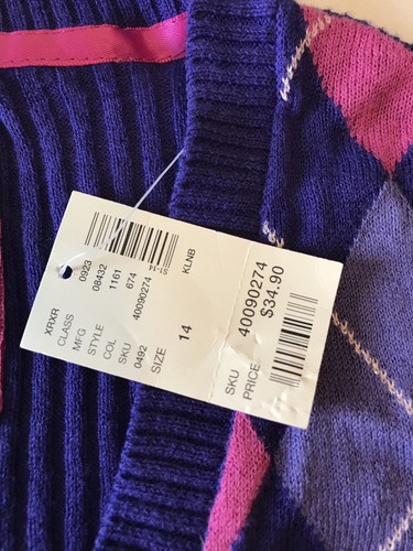 NWT Justice Cardigan Sweater Argyle Pattern Pink Purple Long Sleeved Girls Sz 14