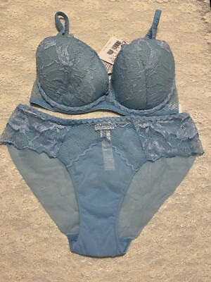 La Perla Donna Eleonora 34C S Push Up Bra Brief Set Blue Lace