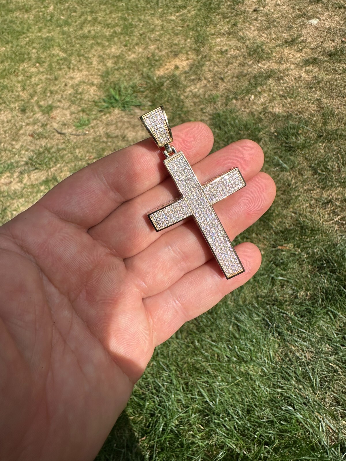 Pre-owned Hip Hop Solid 10k Yellow Gold 3ct Vvs Moissanite Cross Pendant Necklace 19g Mens Large In White