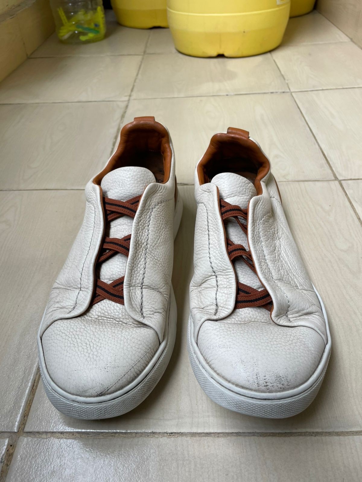 Zegna トリプルスティッチ　ホワイトレザー　7 26.5 Zegna Triple stitch white leather sneakers size 7 US | eBay