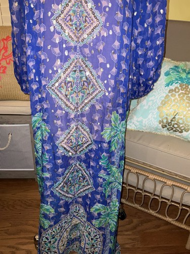 Pre-owned Lilly Pulitzer Jupiter Silk Maxi Caftan Blue Fan Favorite $548 S/m, L/xl In Multicolor