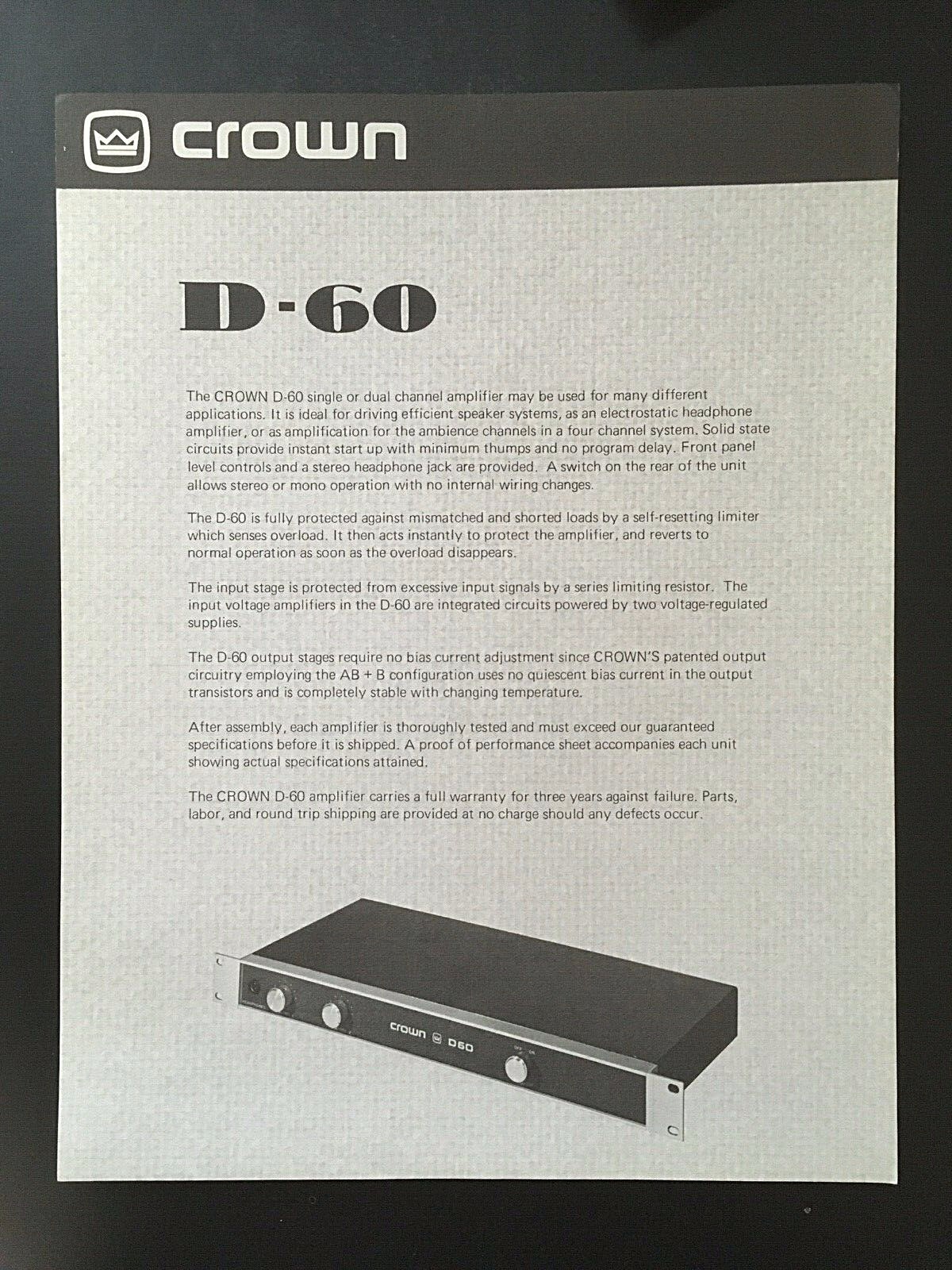 Crown Brochures & Test Report Sheets Models D-60, D-150A, IC-150A, OC-150A