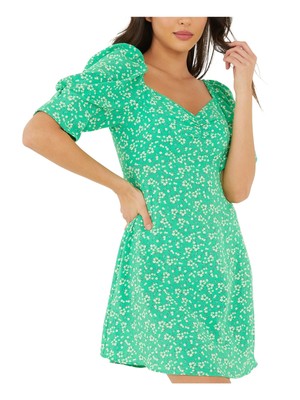 

Женское зеленое зеленое платье с квадратным вырезом и рукавами-пуфами QUIZ, короткое платье + расклешенное платье для юниоров, Зеленый