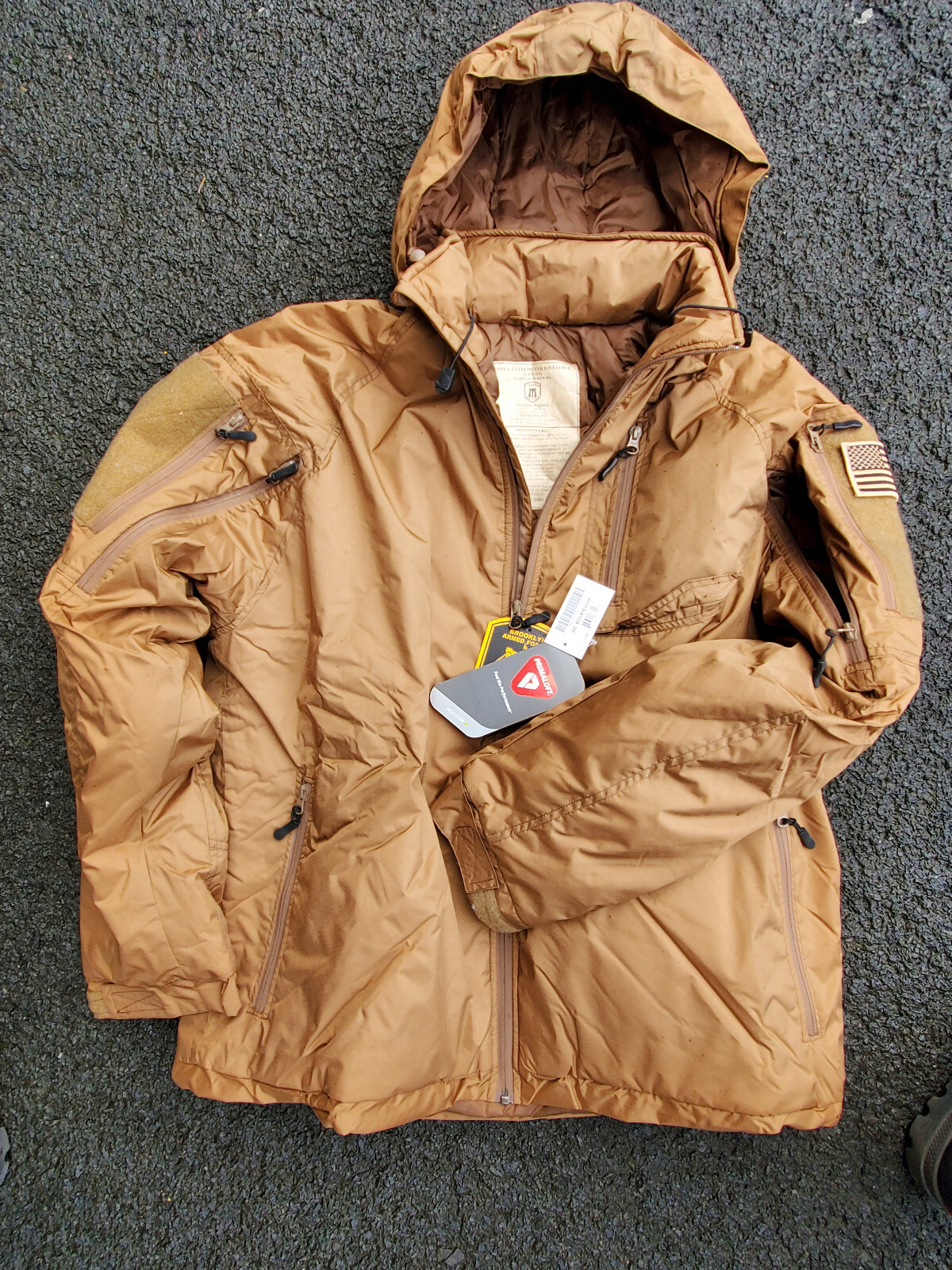 Pre-owned Brooklyn Armed Force Pcu Level 7 Ecw Parka Primaloft Cold Weather Coyote In Brown