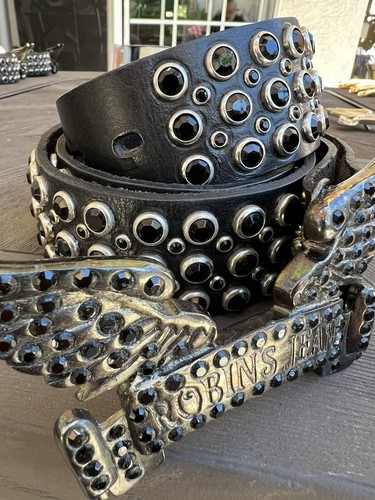 Pre-owned Handmade Robins Jean Hand Made Leather Belt With Black Stone Studs 100% Made In Italy