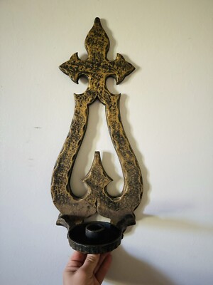 Medieval Gothic Wall Mount Candlestick Sconce/ Black Gold Distressed/ Halloween