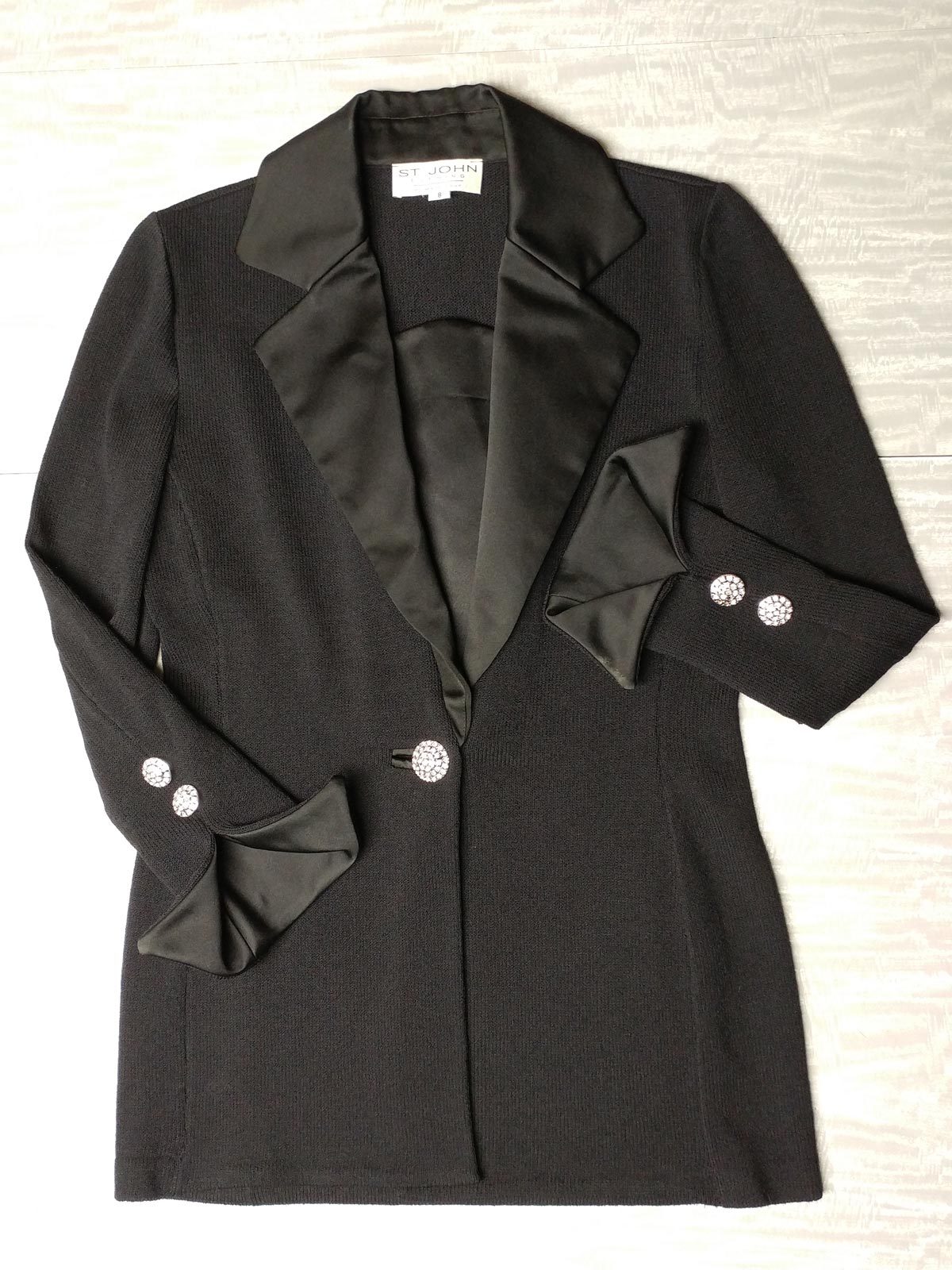 St. John Evening Wear Marie Gray black wool silk jacket blazer sz 8 rhinestones