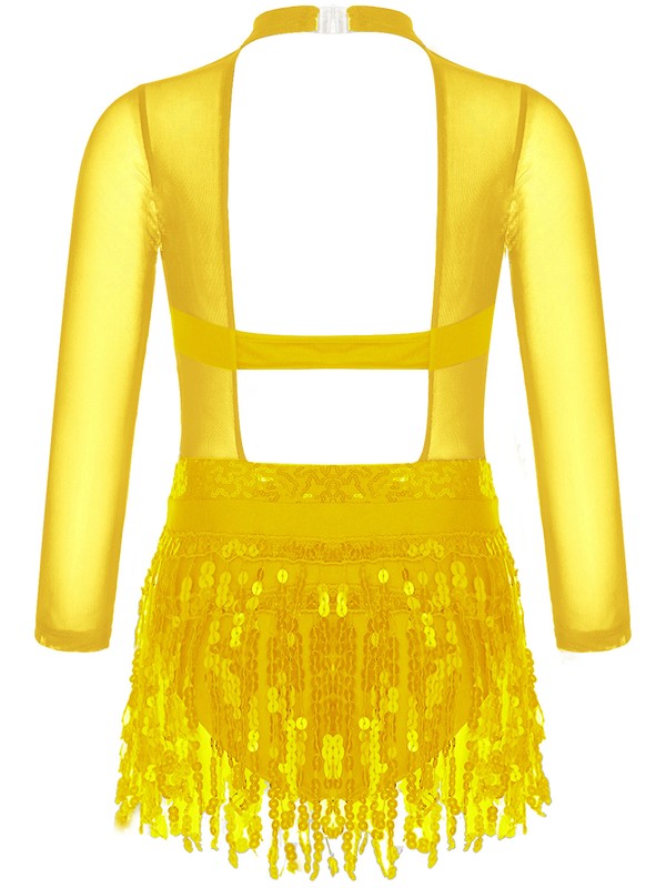 FEESHOW Girls Dance Dress With Sequins & Fringe - Shiny Mesh Samba Jazz Ballet Costume