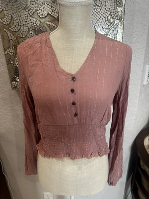 Gypsies & Moondust Womens Crop Top Juniors Size S Smocked Boho Blouse Silver