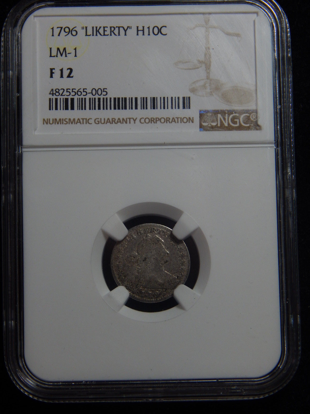 1796 H10C Draped Bust Half Dime LIKERTY F-12 NGC, Rare!