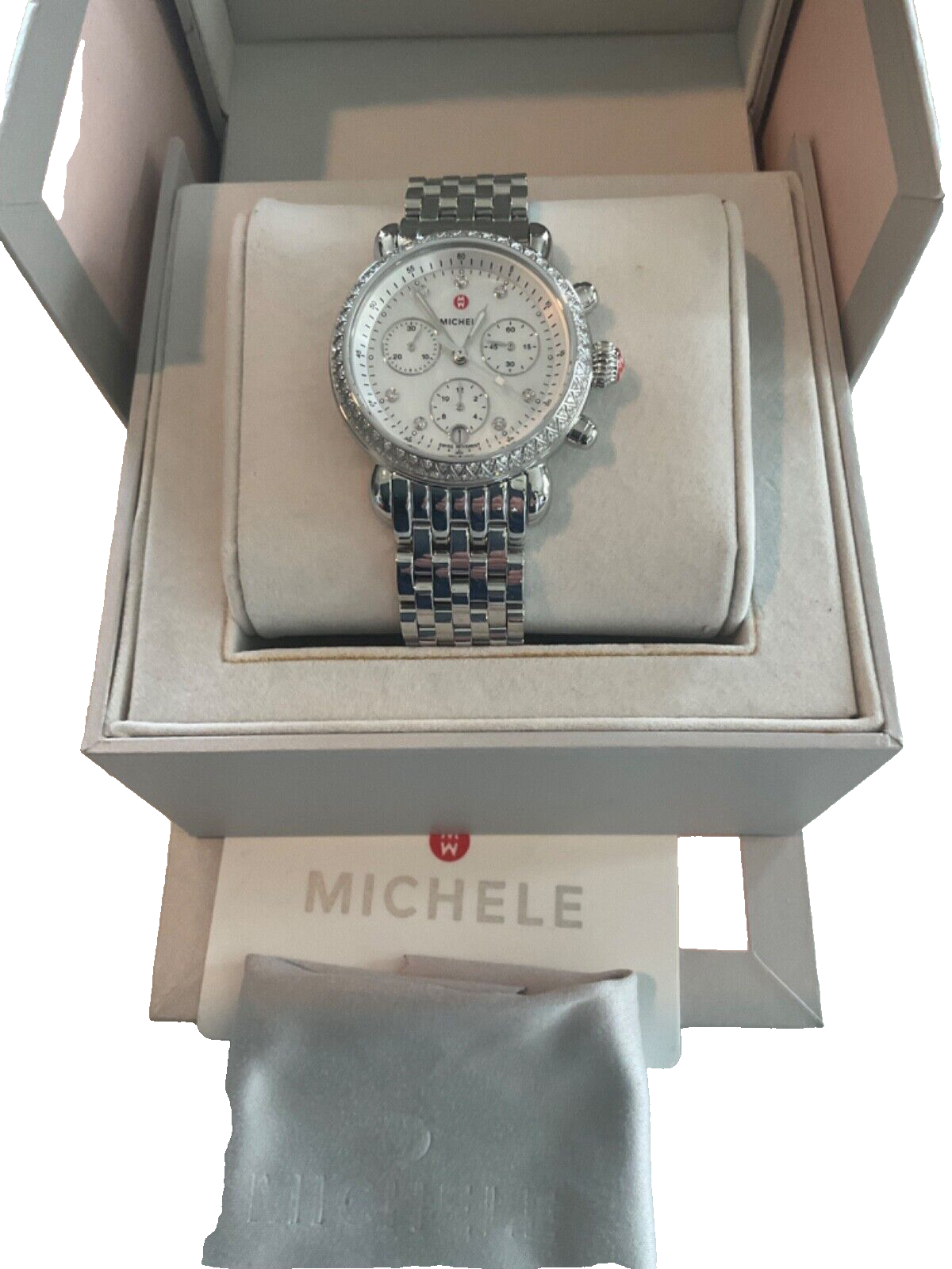 Pre-owned Michele Csx 36 White Mother Of Pearl Dial Diamond Watch - Mww03c000513 $2295