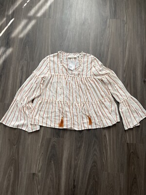 New H&M Peasant Top Long Sleeves Tassel Size 6 Medium Stripe Cream Orange