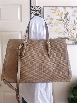 TOD'S 2way Leather Embossed Satchel Crossbody Large Bag Beige