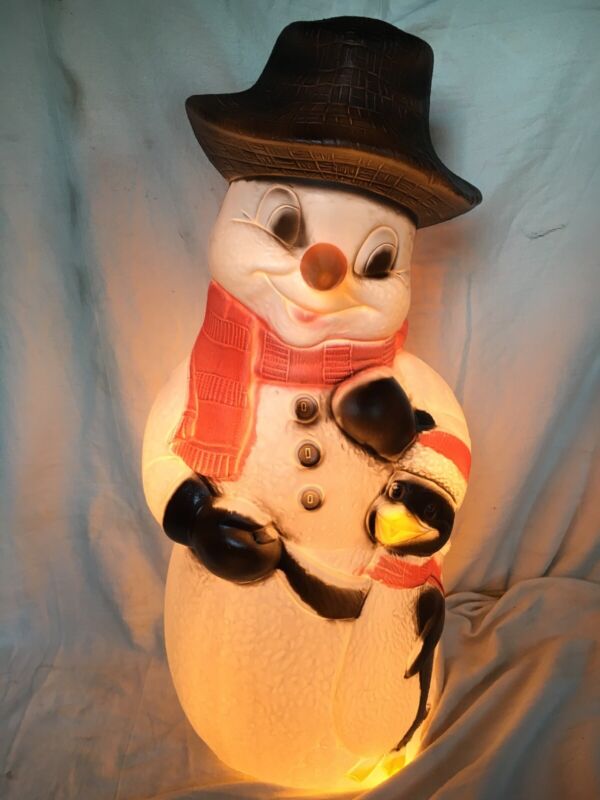 Blow Mold Light Up Snowman With Penguin Friend Christmas Decor Union Products