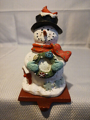 Snowman Mantle Shelf Stocking Holder With Bird, Birdhouse, Wreath & Scarf 7'' VGC