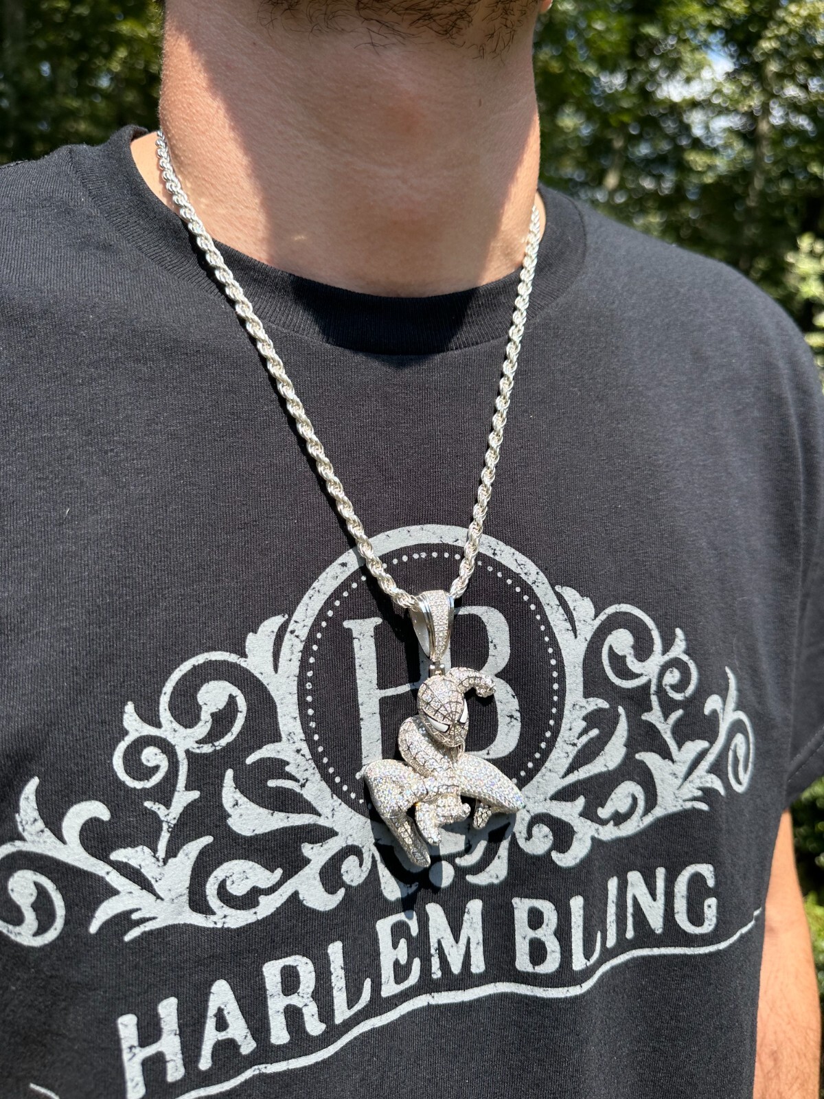 Pre-owned Harlembling Moissanite Real 925 Silver/14k Gold Plated Large Iced Spiderman Pendant Necklace In White