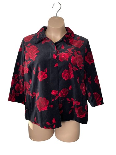 Talbots Black Velvet Jacket Coat Red Roses Plus Size 22P New