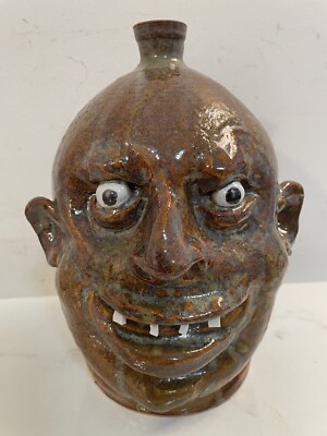 Marvin Bailey Rare Glaze Face Jug Lancaster, SC Pottery 10.5  Folk Art #3 Brown