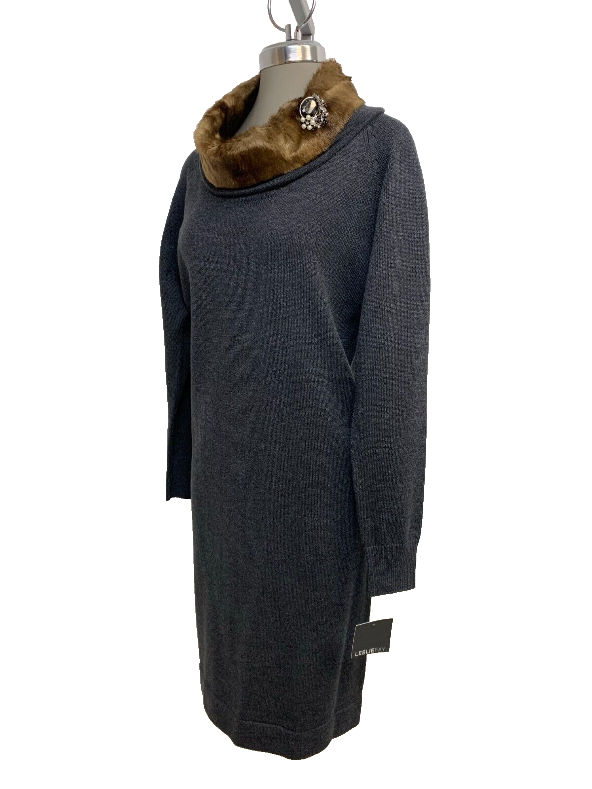 Новое элегантное темно-серое платье-свитер Leslie Fay с воротником из искусственного меха, размер S