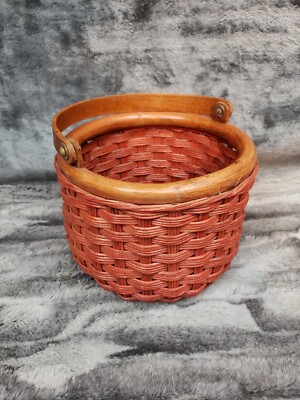 Farmhouse Basket Red Wicker Wood Handle Movable Damask Rustic Easter Basket 