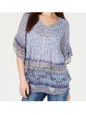 

STYLE - COMPANY Женский синий плиссированный топ с цветочным принтом и V-образным вырезом
