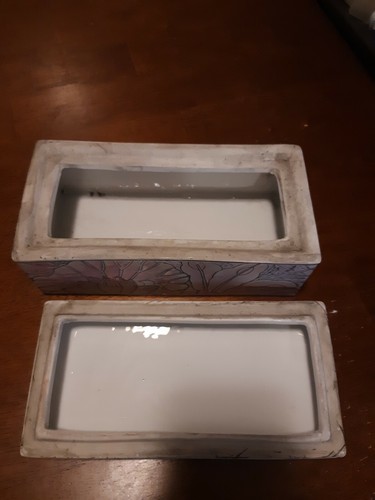 Vtg Chinese Porcelain large Trinket Box Asian Pastel pink, yellow, purple