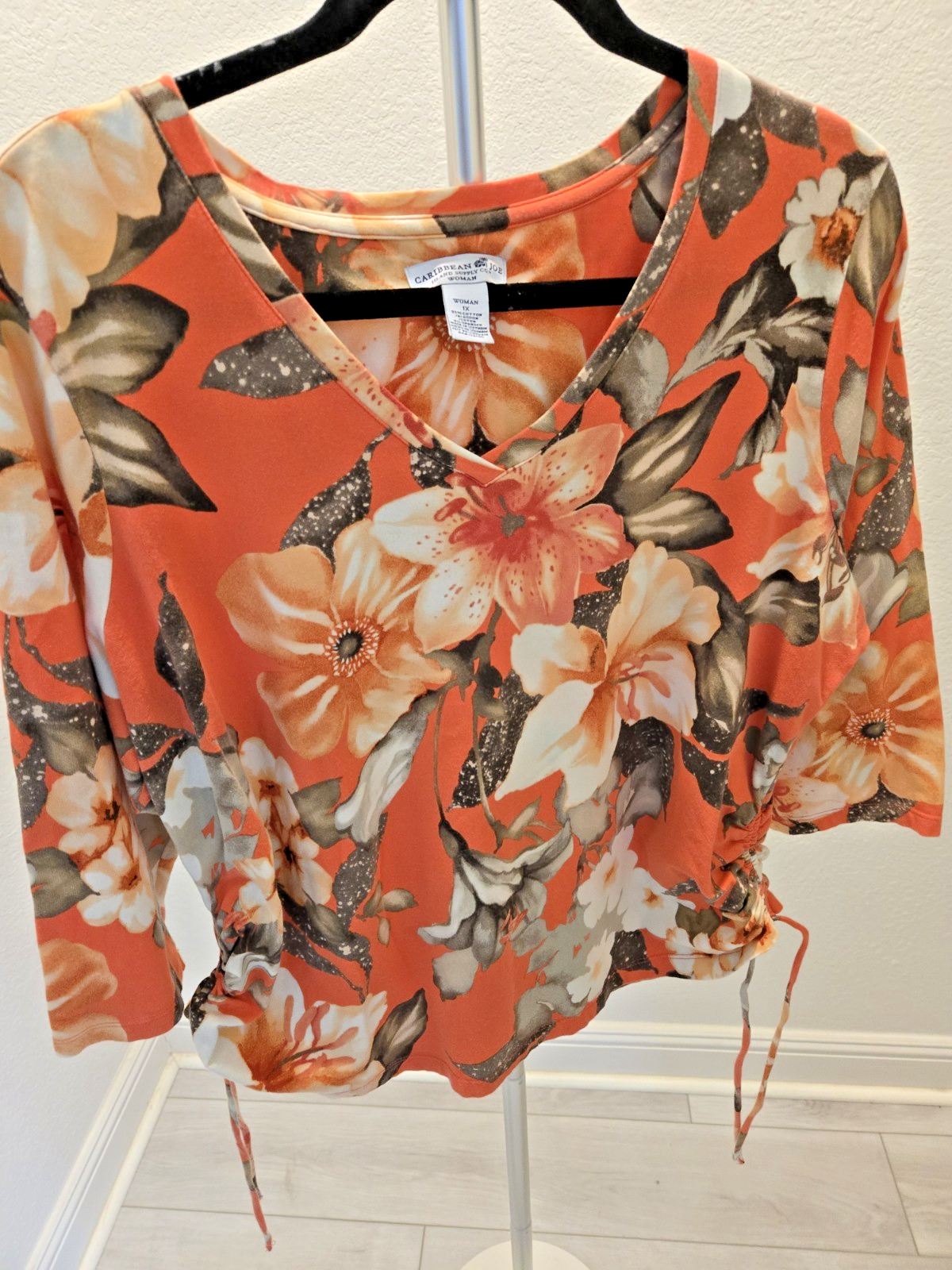 Caribbean Joe 1X Orange Tropical Floral Tunic Top Ruched Side Drawstring V-Neck