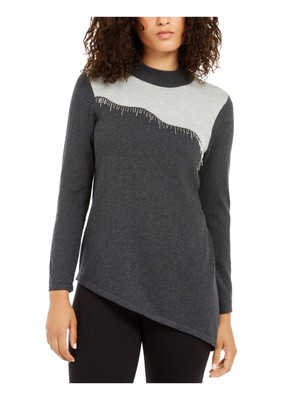 

ALFANI Женский серый вечерний топ с круглым вырезом и длинными рукавами, расшитый бисером и цветными блоками