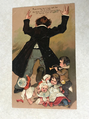 C1364 Postcard embossed Five little darlings Man walking out on his kids