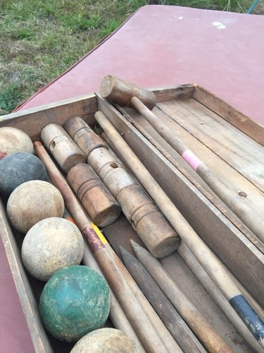 VINTAGE CROQUET SET IN WOODEN BOX 7 mallets 7 balls two stakes wickets Eclipse