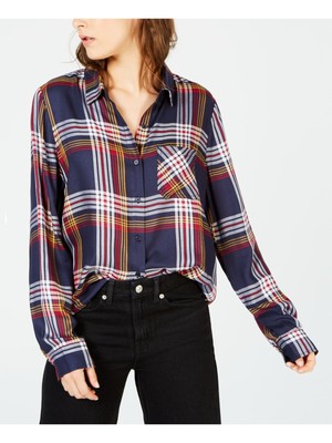 

ULTRA FLIRT Женский темно-синий клетчатый топ с длинными рукавами и воротником на пуговицах для подростков, Navy