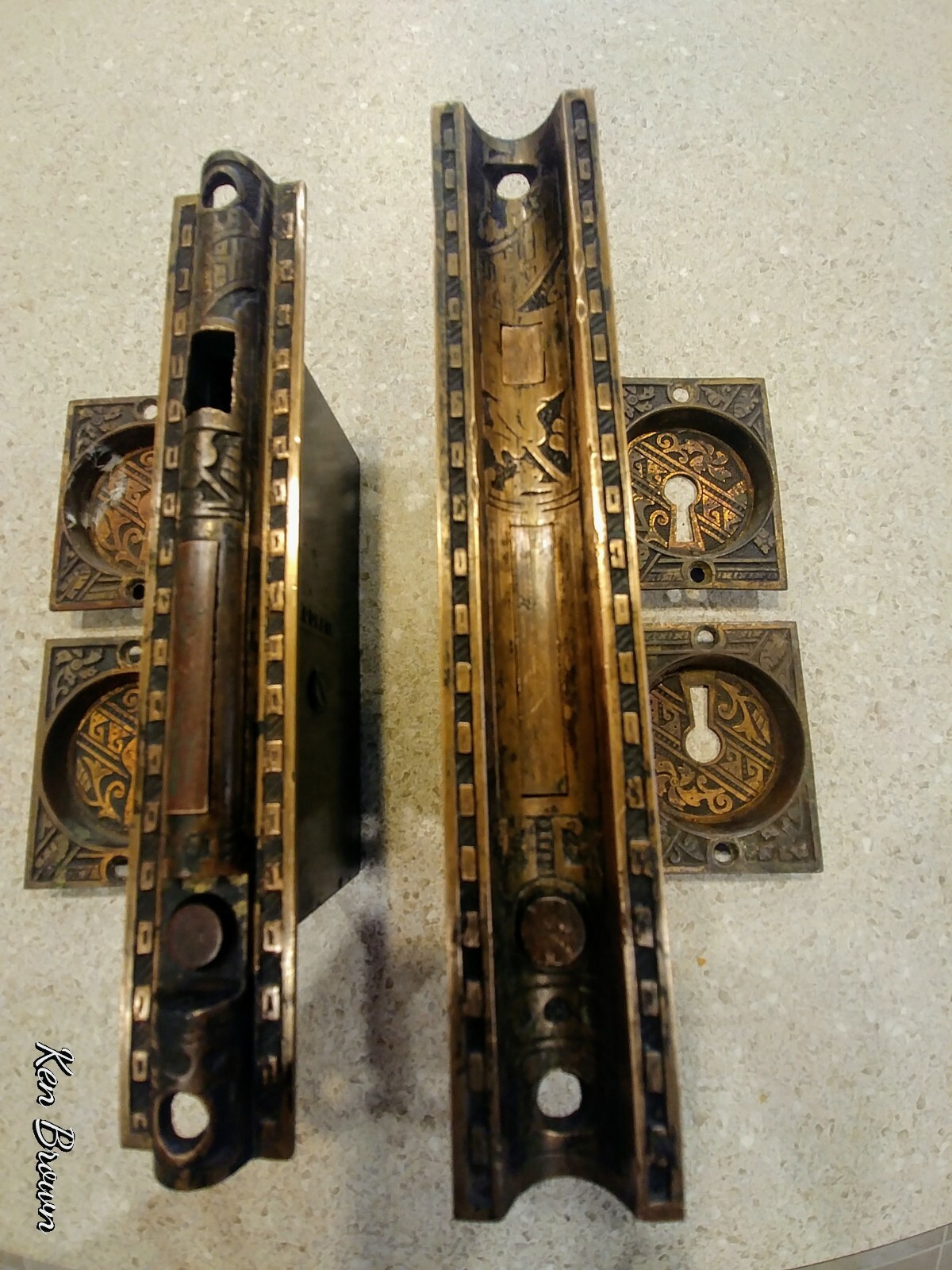 Pair CORBIN Pocket Sliding Door Mortise Lock ORNATE Brass Face