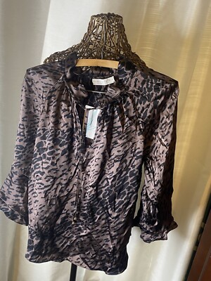 Alice & Trixie New With Tag L Large Silk Women's Tie Neck Blouse Animal Print