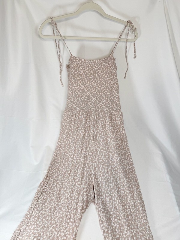 Altar'd State Womens Brown Floral Tie Strap Smocked Bodice Wide Leg Jumpsuit