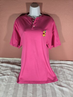 VINTAGE Disney Catalog Womens  Pink Pooh Bear Embroidered Henley Shirt Large