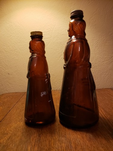 2 Vintage Mrs. Butterworth's Aunt Jemima Amber Glass Syrup Bottles