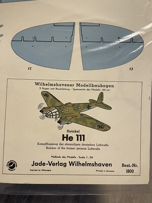 Vtg  Paper Model Kit Plane Heinkel He 111 Jade-Verlog Wilhelmshaven