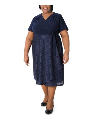 SIGNATURE BY ROBBIE BEE Womens Navy Tie Jersey-knit Midi Wrap Dress Plus 2X
