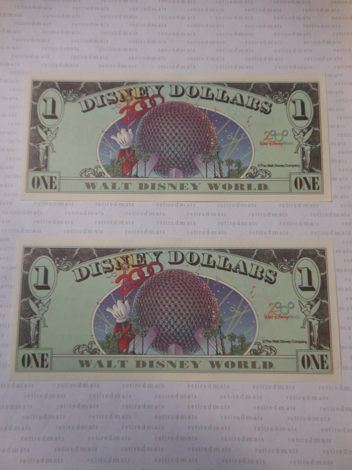 2000 Disney Dollar $1 A Series 5 CONSECUTIVE BILLS Mickey Epcot Spaceship Earth