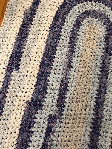Vtg Hand Made Old Fashion Crocheted  Braided Rag Rug Oval Blues 31