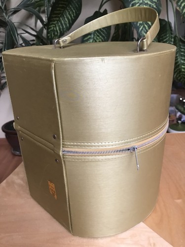 Vintage Gold Hat Box Tote Luggage Large Vinyl Zipper 13