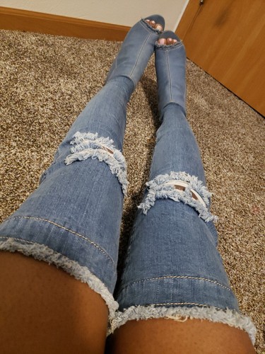 【HI FI FNK】Teddy Boots-Cut Denim Denim Lace Up Peep Toe Thigh High Boots - Darkblue/Lightblue