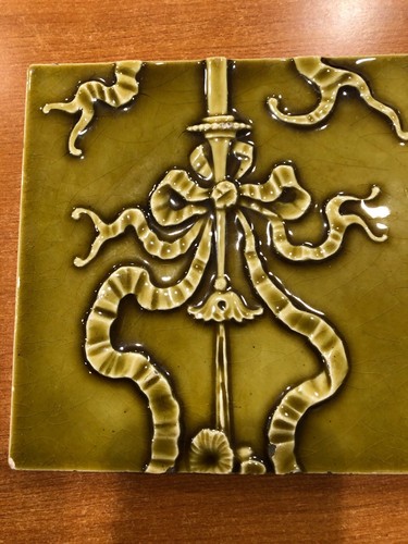 3 Antique Providential Tile Works Trenton NJ 6” green Ribbon Floral fruit tiles