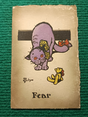 CPA CATS - ILLUSTRATION - FEAR - CHAT ET UN JOUET EN OURS - SIGN T. GILSON