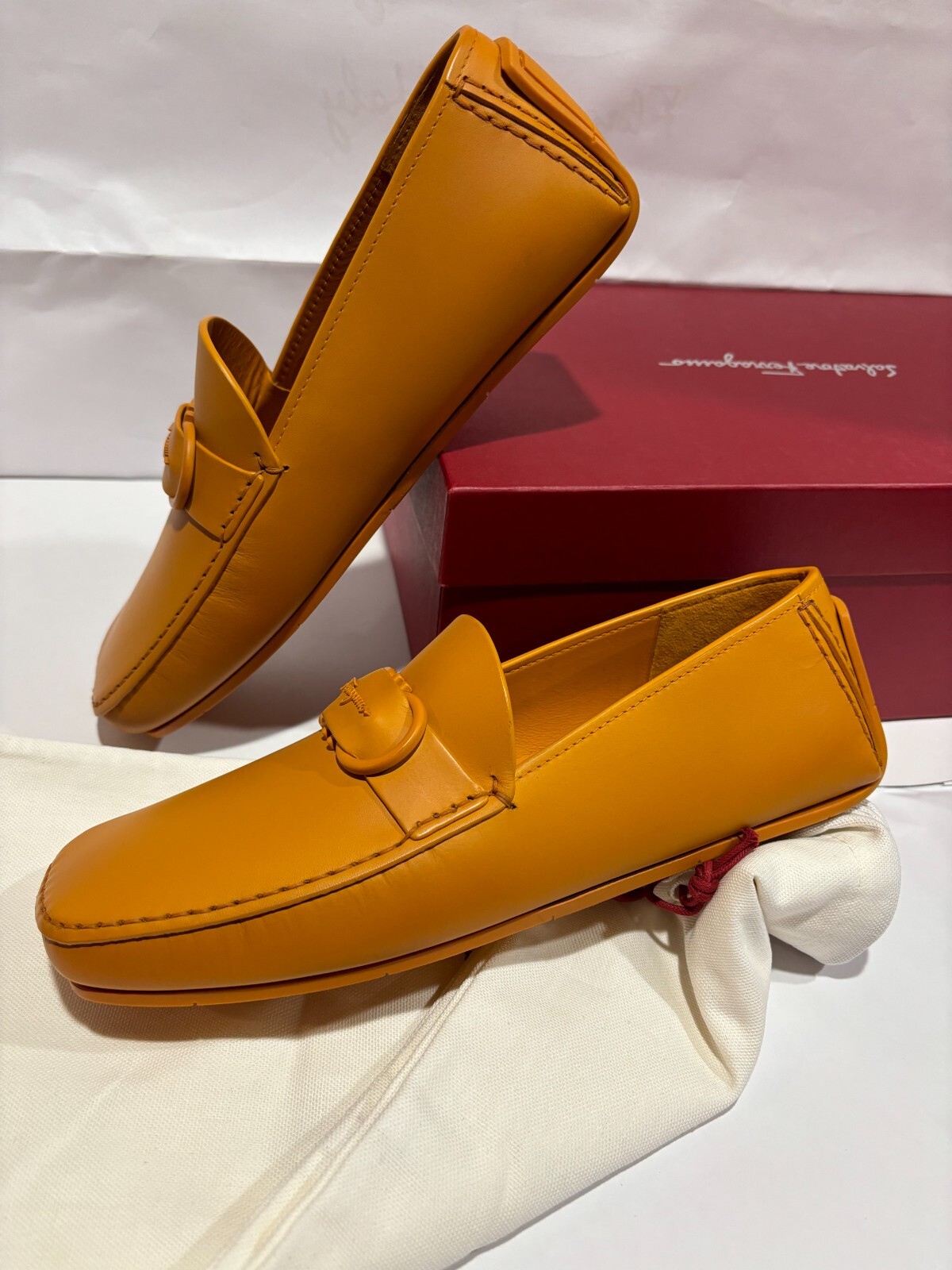 Pre-owned Ferragamo Mens Leather Shoes8d "palinuro" Driving Loafers Gancini In Green