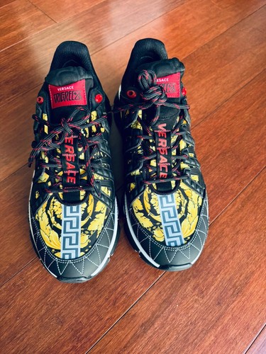 Pre-owned Versace Sold Don't Buy Trigreca Leather Sneakers Size Eu46 Us13 Barocco Print Blk In Black Barcode Yellow Multi Color