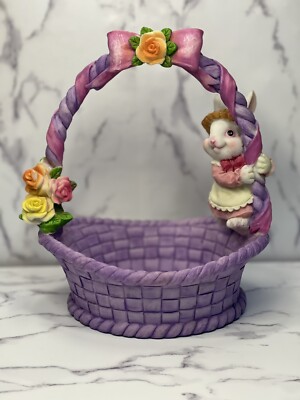 Vintage Kmart Purple Ceramic Easter Basket With Rabbit And Flowers 