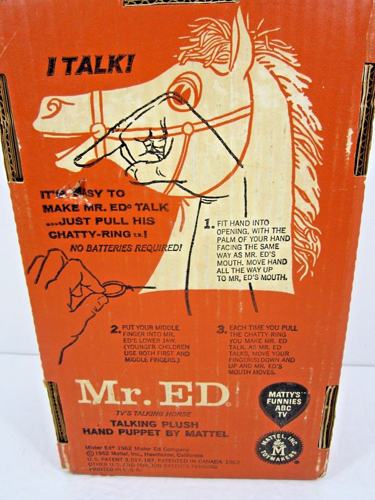 VINTAGE 1962 MR. ED TALKING PLUSH HAND PUPPET WORKING IN BOX 1960'S MATTEL TOY