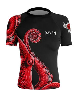 Raven Fightwear Women's Kraken Octopus BJJ Rash Guard Short Sleeve MMA Black/Re